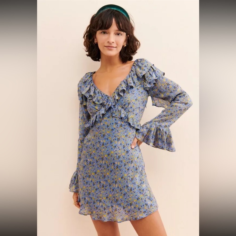 Free People Sweetest Thing Mini Midnight Cowboy Blue Floral Ruffle Dress(size:8) - Picture 4 of 8